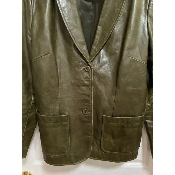Gap Y2K Leather Blazer Jacket Olive Green Medium - Picture 3 of 9